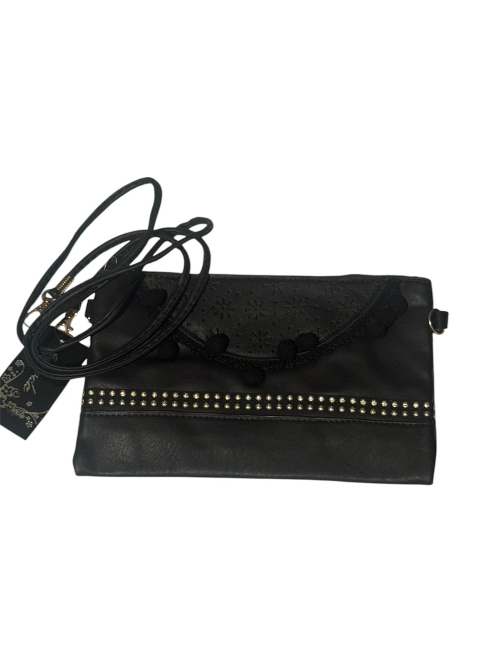 Black Stud-Trim Crossbody Clutch with Floral Lace Accent